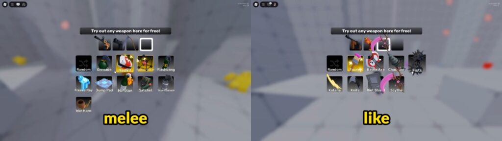 Beginner weapon loadout comparison in Roblox Rivals melee versus ranged weapons