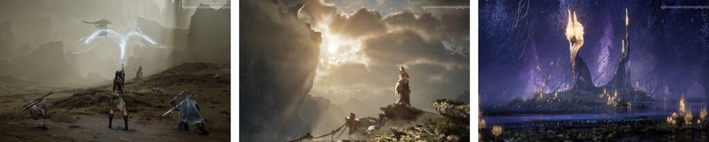 Fantasy artwork showing divine warriors with glowing magical powers in an epic