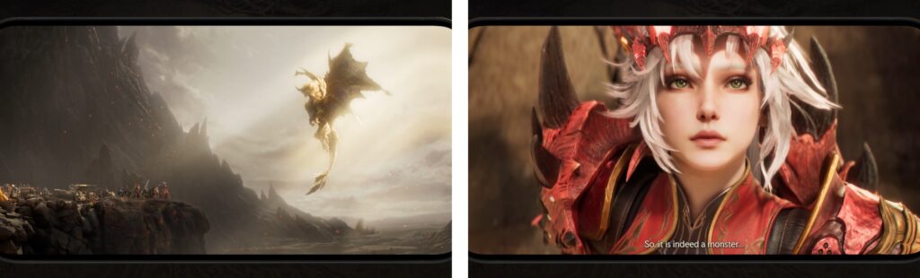 Female character with white hair and red armor in fantasy battle scene