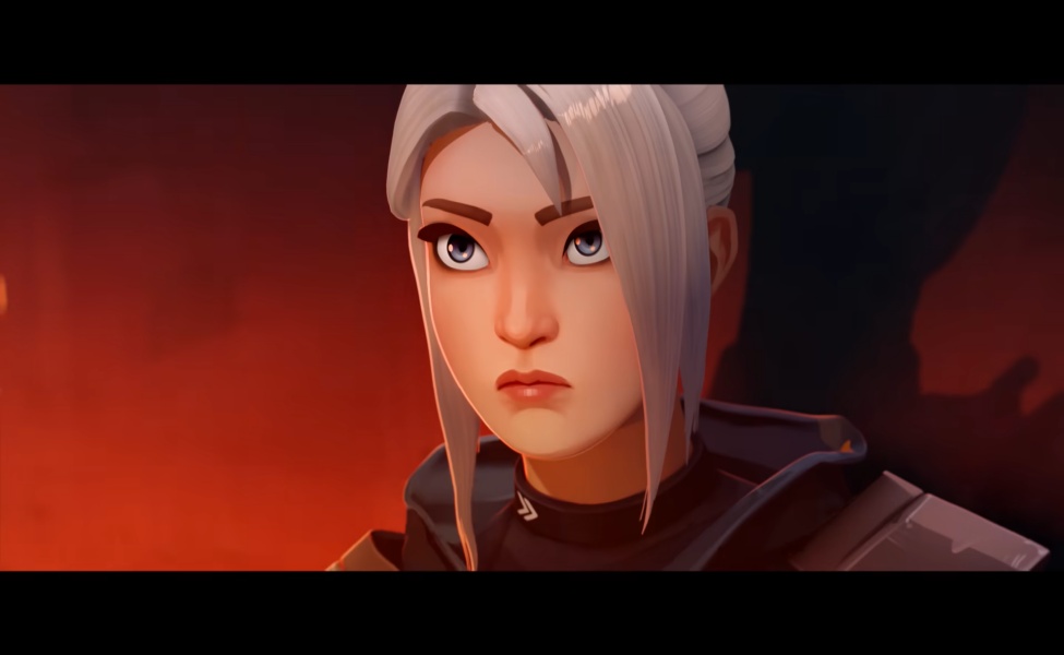 Animated female character with white hair in tactical black outfit against red