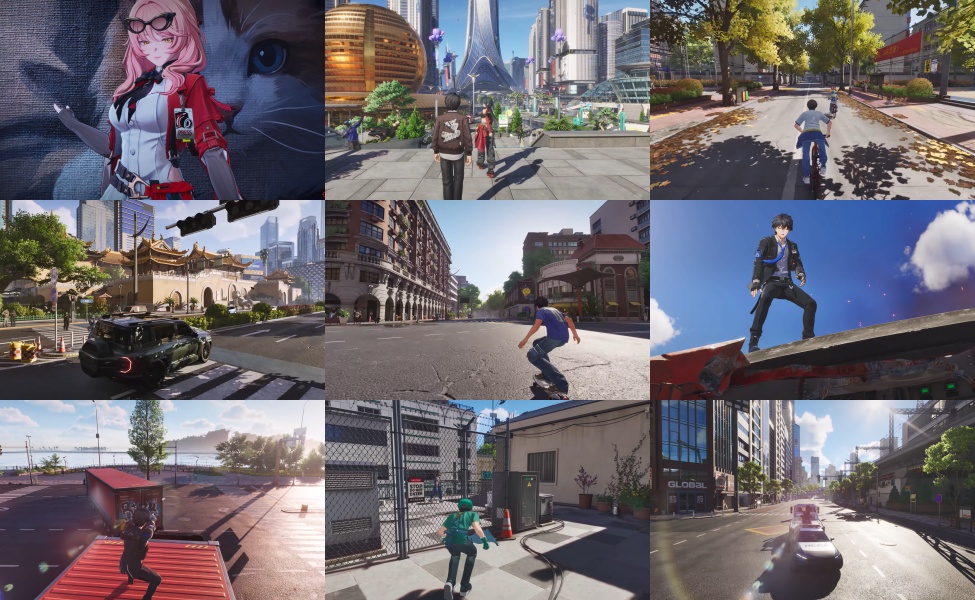 Collage of gameplay screenshots showing character combat, urban environments
