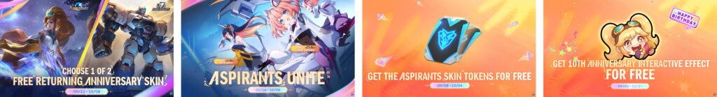 Mobile Legends anniversary promotional banners featuring free skins and rewards