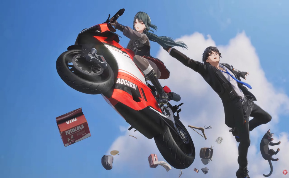 Anime characters on motorcycle performing stunts against blue sky with falling