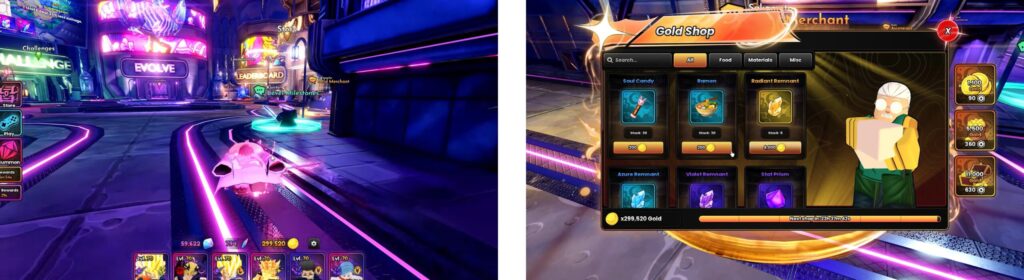 Anime Origins Gold Shop interface displaying various stat prisms and items for
