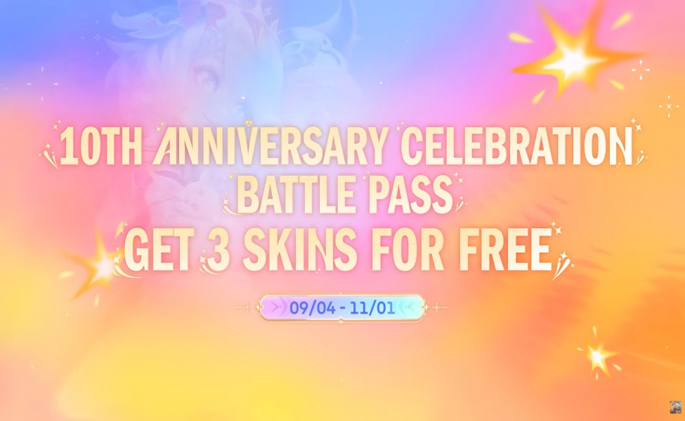 10th Anniversary Celebration Battle Pass promotional graphic offering 3 free skins