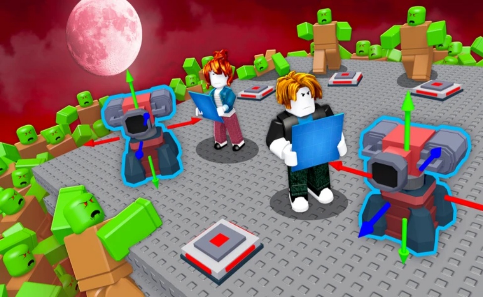 Virtual game world showing players and robots near a credits wall under a pink