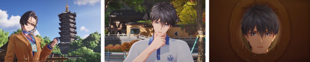 Three views of a dark-haired male character from ANANTA in different settings
