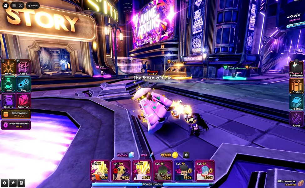 Anime Origins Roblox gameplay showing character battle with gem rewards and