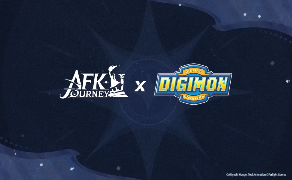 AFK Journey and Digimon Monsters collaboration announcement logo on dark blue