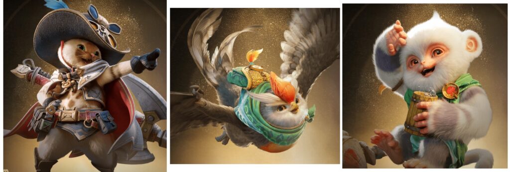 Three stylized monster hunter outlanders character buddies in fantasy armor and costumes
