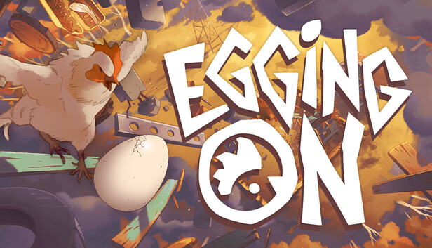 Egging On game title screen with cartoon character and flames