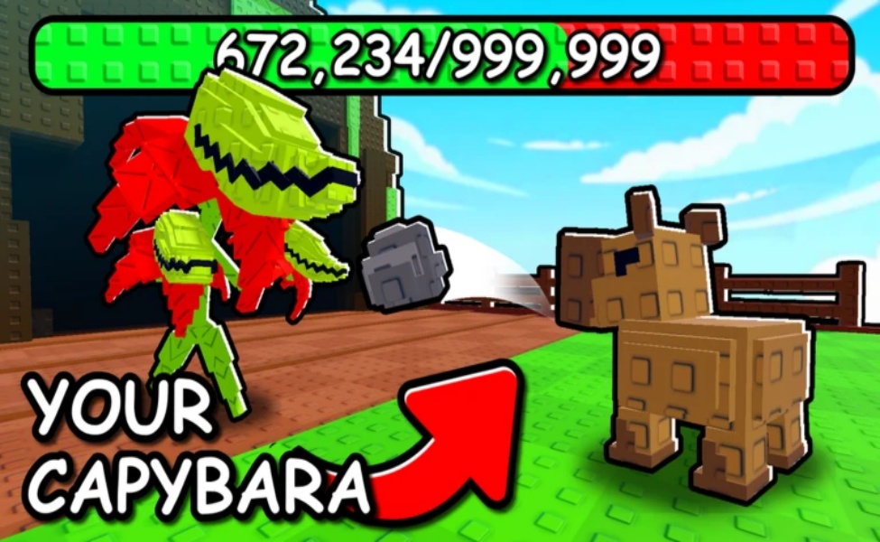 Pixel art Capybara character with large teeth in red and lime green