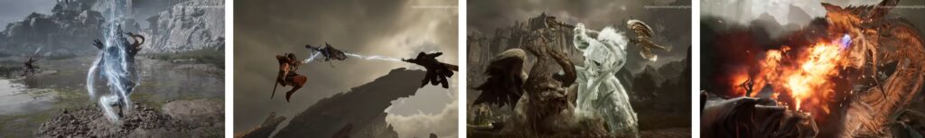 Epic fantasy combat scene with magical lightning and warriors in battle