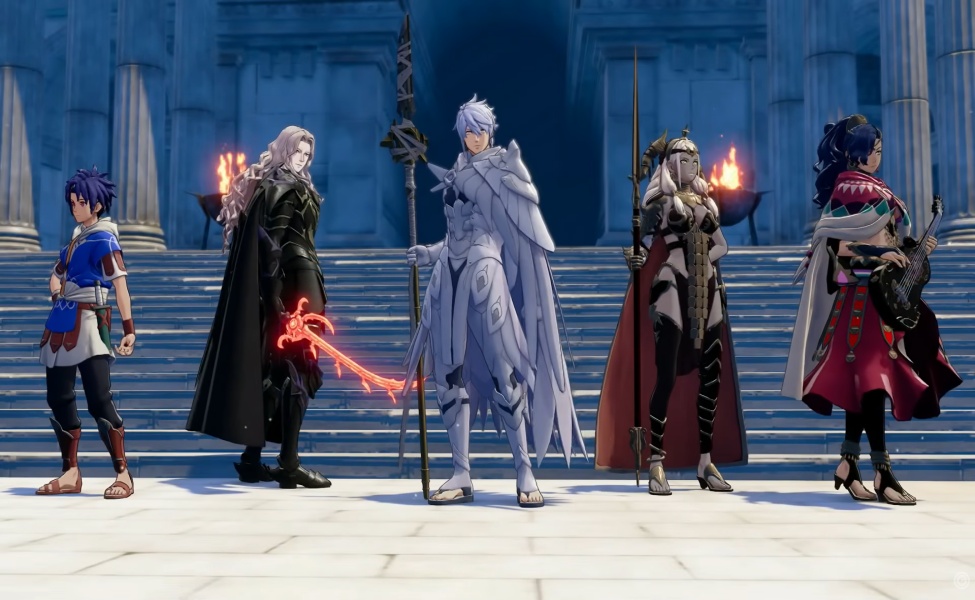 Five anime characters standing in a grand stone hall in Fire Emblem