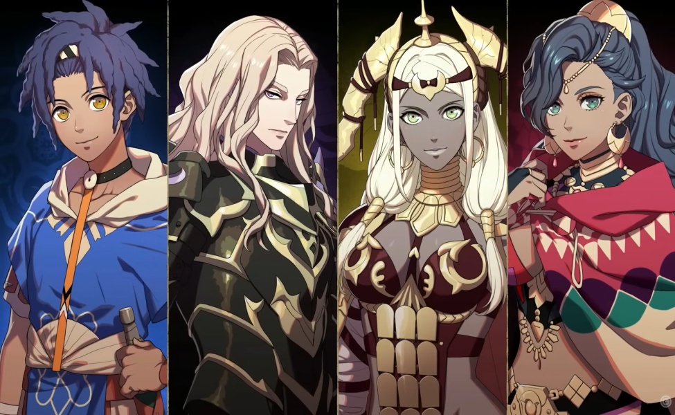 Four Fire Emblem: Fortune's Weave characters with distinct fantasy armor and