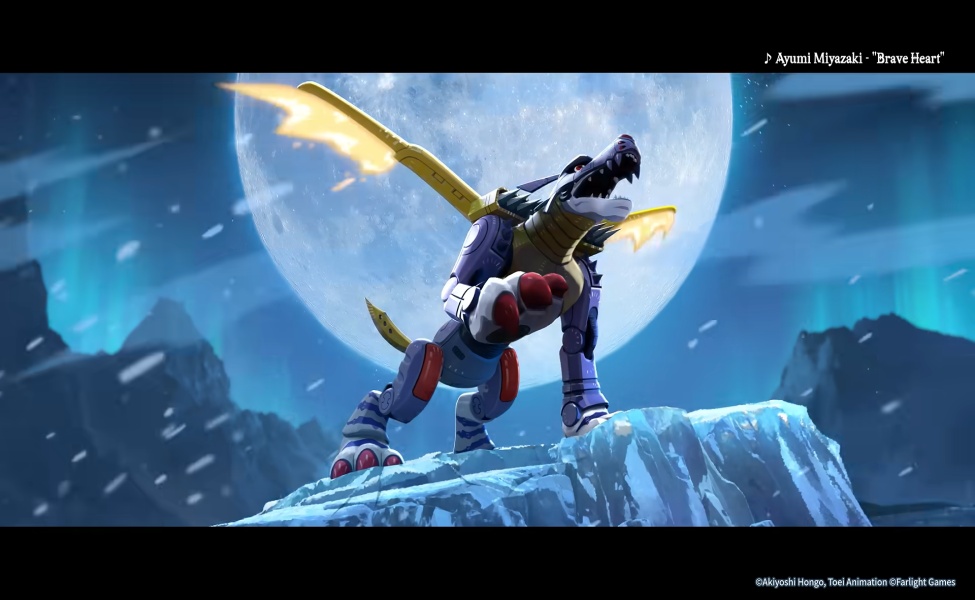 Armored Digimon character wielding golden sword on snowy peak under moonlight