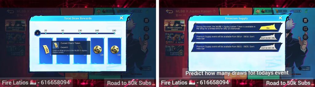 MLBB x Jujutsu Kaisen draw rewards display showing Cursed Charm Token and