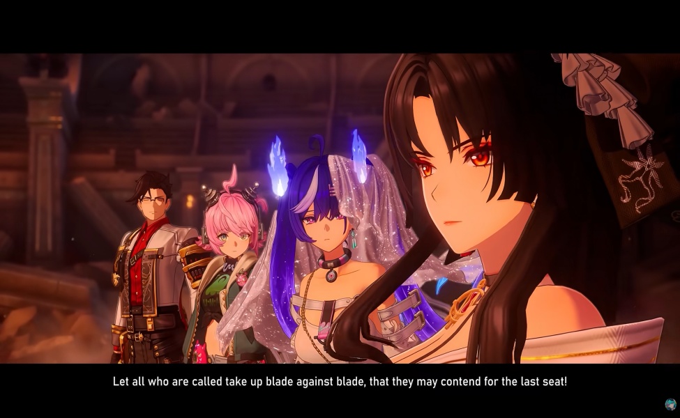 Anime characters in golden and purple outfits with caption about blade against