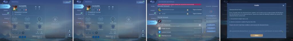 how to access mobile legends advance server in-game