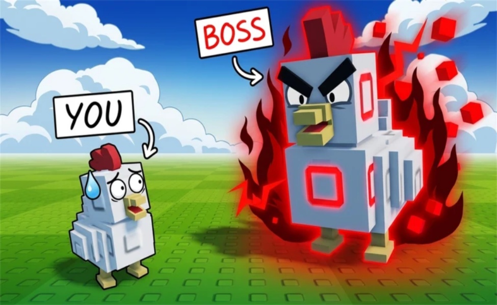 Cartoon chicken character facing angry red boss tower in Grow a Chicken Fighter