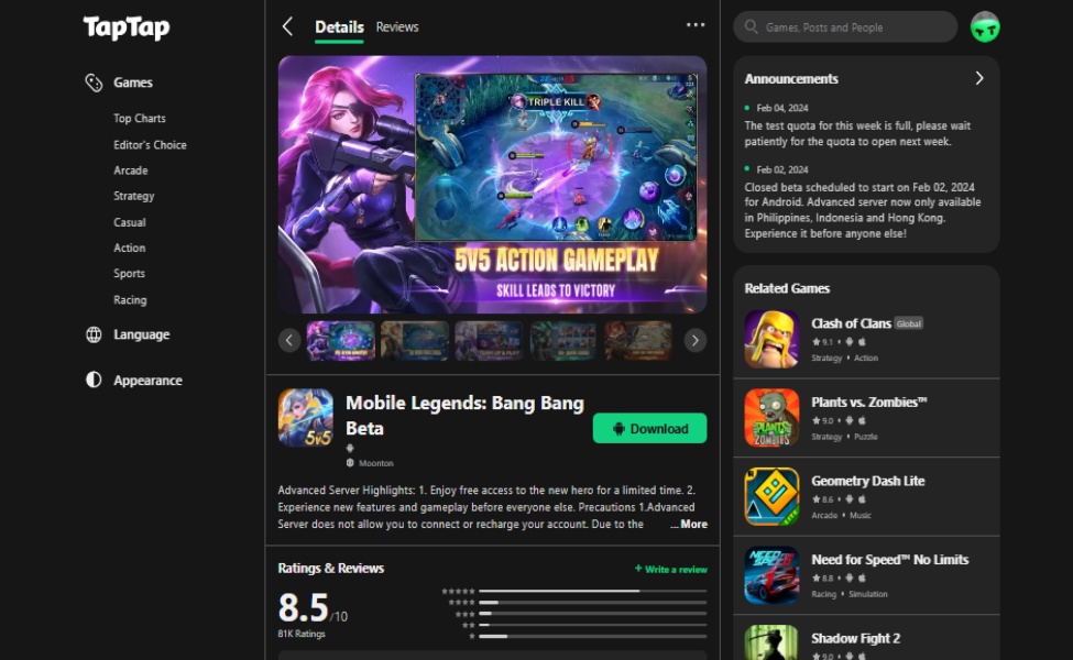 how to join ml advance server via taptap beta app