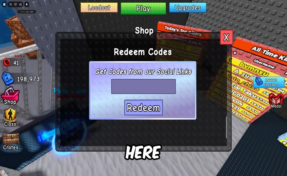 Redeem codes dialog in Survive Zombie Arena game interface
