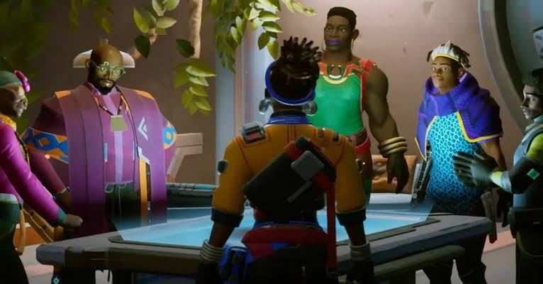 Animated characters in colorful outfits gathered in a futuristic interior