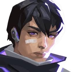 Iso Valorant duelist character with dark hair and purple accents