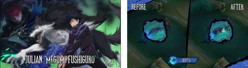 Julian Megumi Fushiguro character skin before and after comparison in MLBB