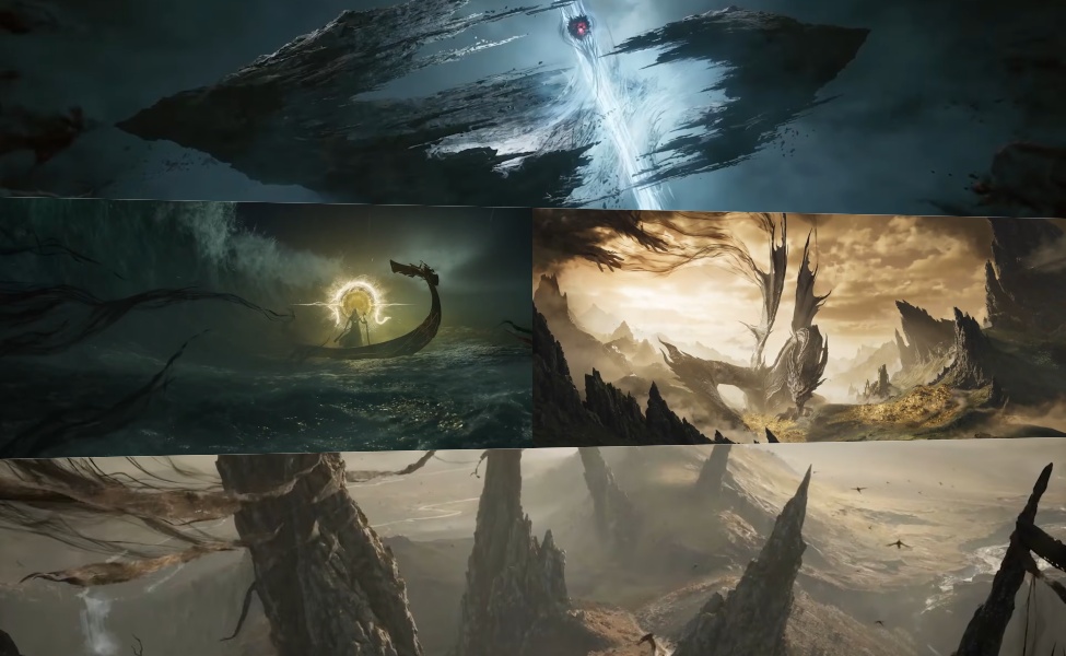 Dark fantasy landscape with towering spires and mystical glowing portal in