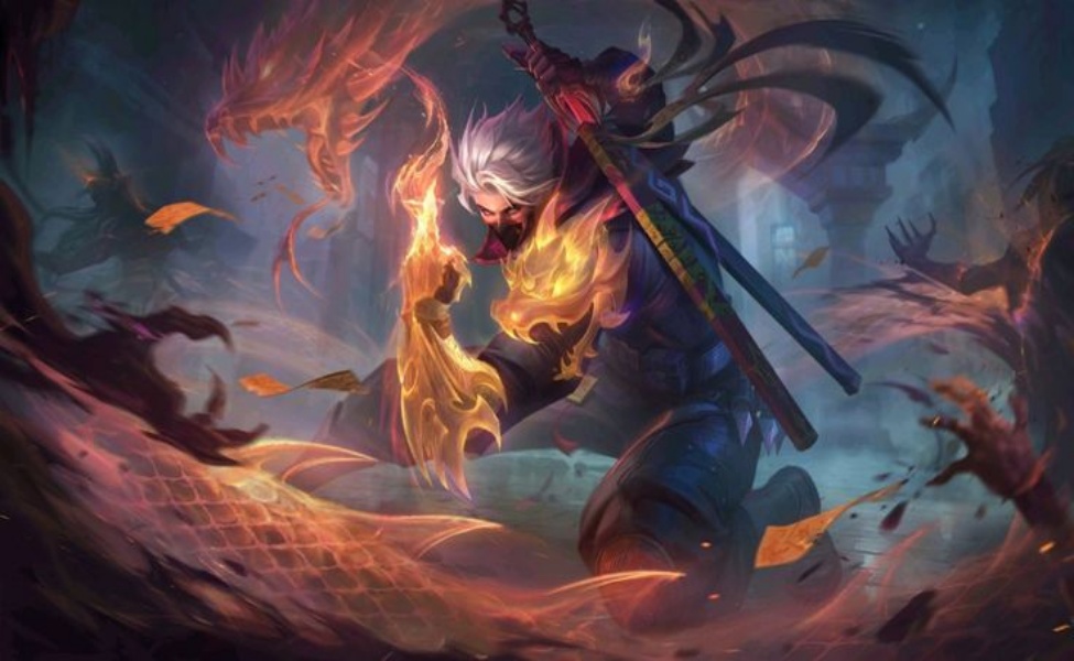 Hayabusa Exorcist skin in Mobile Legends with glowing flame effects and dark