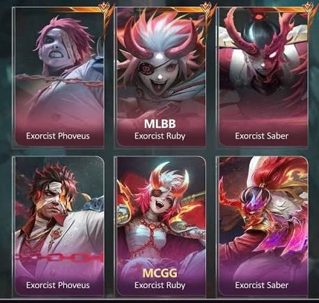 MLBB exorcist skins showcase featuring Phoveus, Ruby, and Saber characters