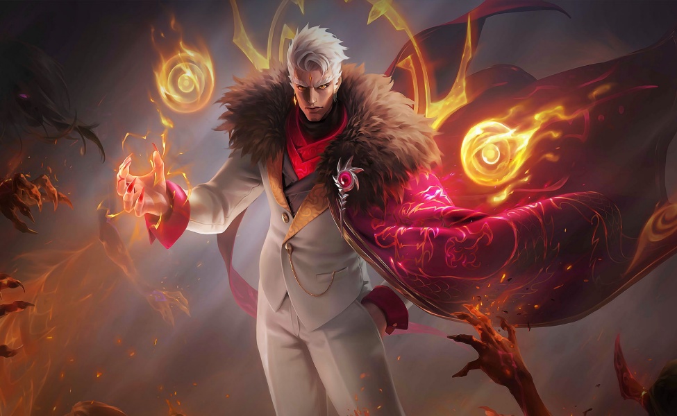 Yu Zhong Exorcist skin with glowing fire effects and red cape in MLBB