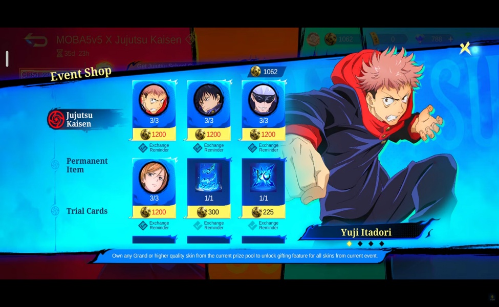 MLBB x Jujutsu Kaisen event shop displaying character cards and premium items
