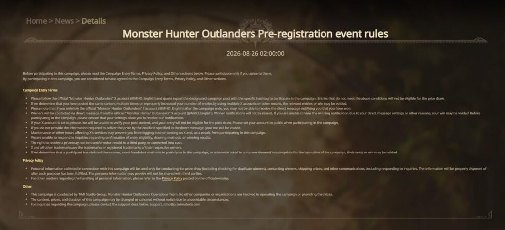 Monster Hunter Outlanders pre-registration event rules and campaign terms