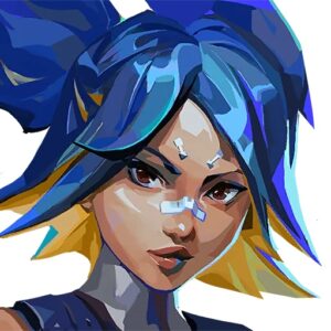 Animated portrait of Neon, a blue-haired Valorant duelist character