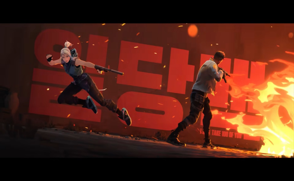 Animated duelists entering through fiery doorway in tactical shooter game