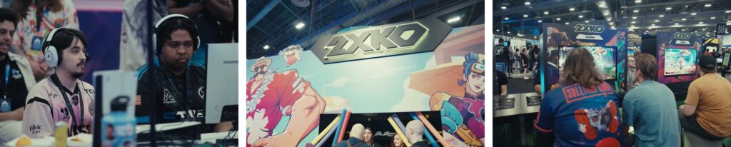 Gamers playing 2XKO arcade fighting game at esports event booth