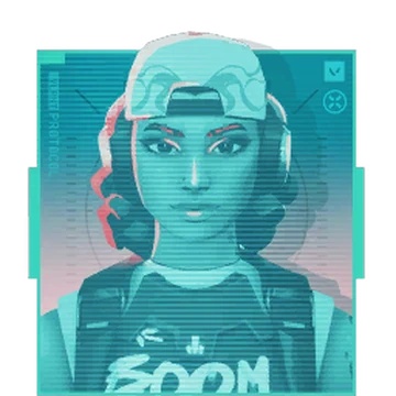 Raze duelist character portrait with cyan glitch effect and headphones
