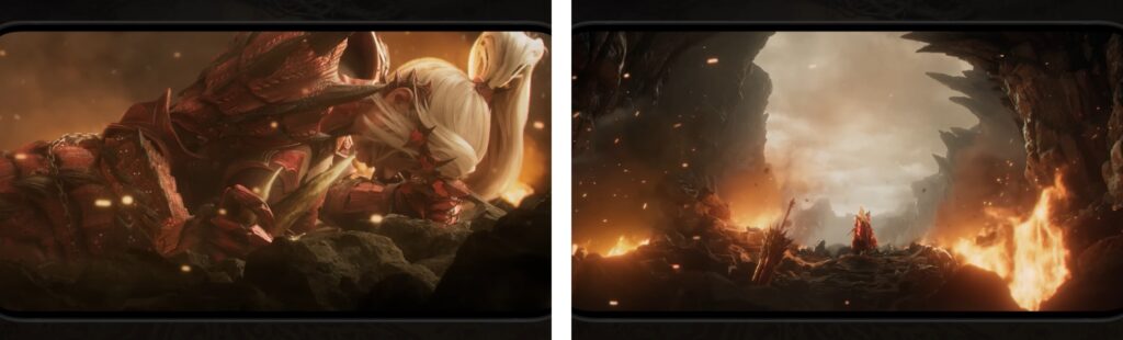 Dramatic fantasy scene showing armored warrior in intense combat with glowing