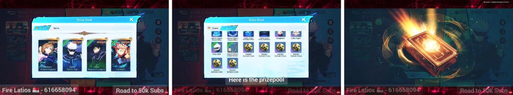 MLBB x Jujutsu Kaisen Revamp prize pool showing character cards and School