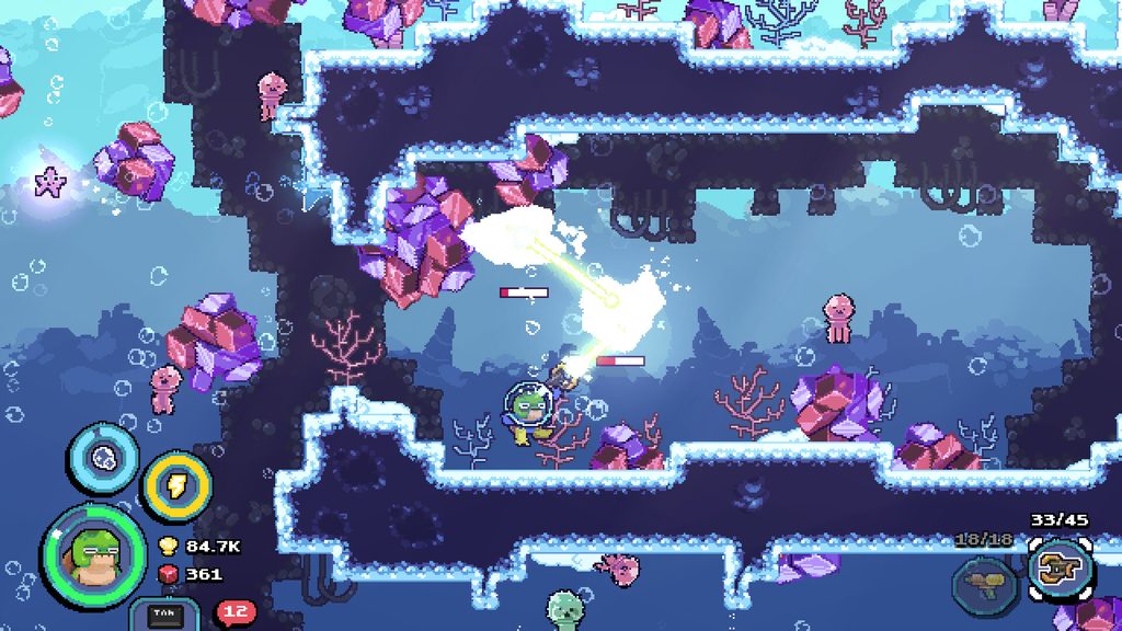 Underwater pixel art gameplay showing character battling enemy with glowing