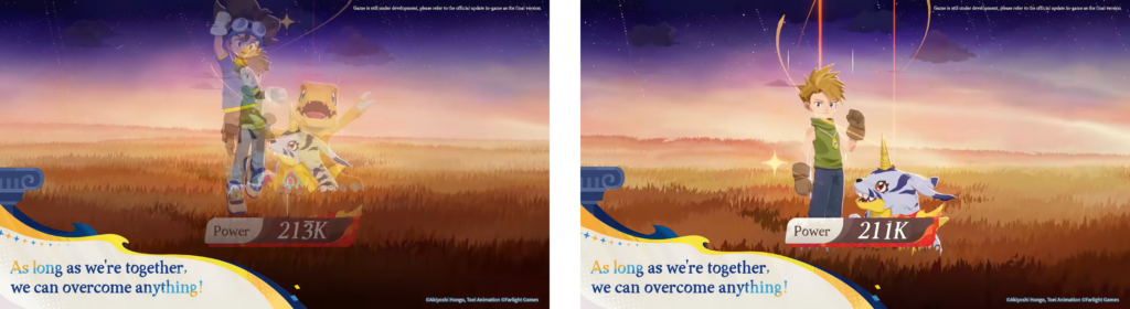 AFK Journey Digimon crossover showing Taichi and Gabumon with power stats