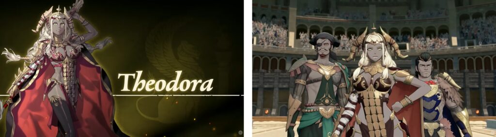 Theodora character from Fire Emblem: Fortune's Weave with blonde hair and horns