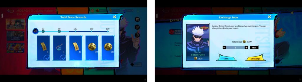 MLBB x Jujutsu Kaisen total draw rewards showing crests and diamonds at