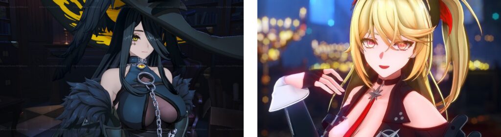 Two animated female characters in dark and light outfits against cityscape