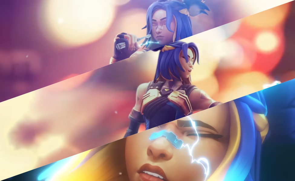 Three female Valorant agents with glowing neon effects and tactical gear in