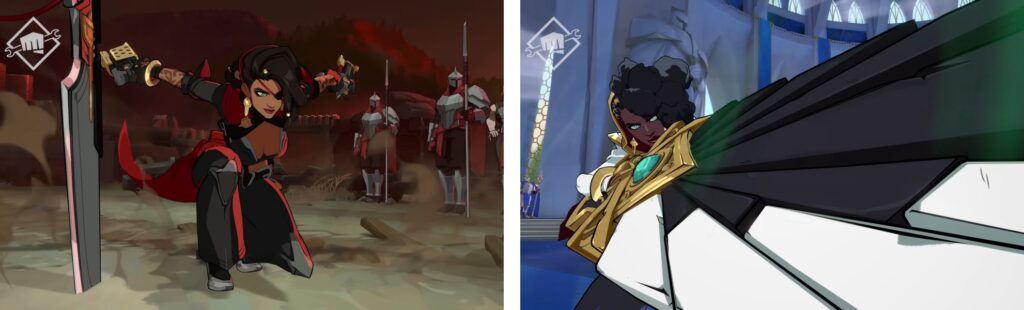 Animated characters from 2XKO fighting game in combat scenes