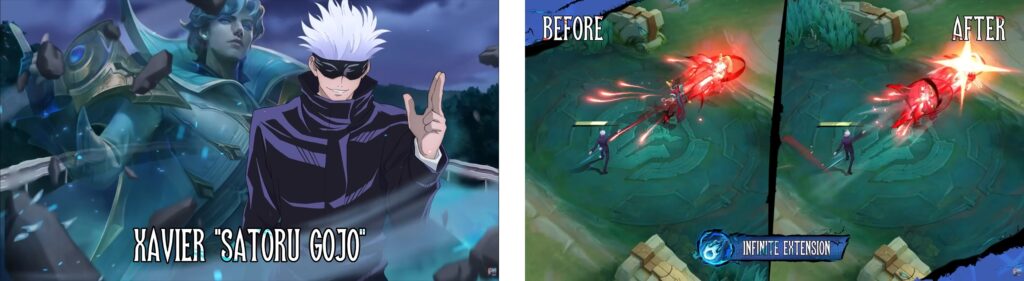 Xavier Satoru Gojo character showcase with ability comparison before and after