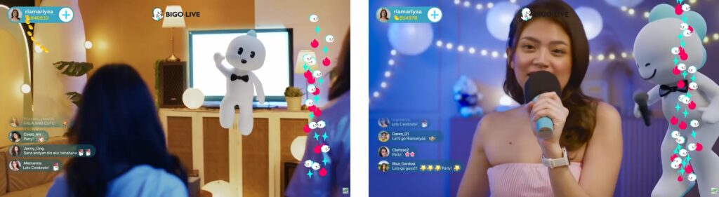 Woman hosting BIGO LIVE stream with festive decorations and interactive viewer